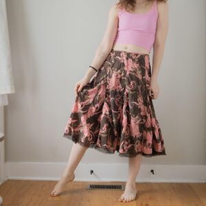 Brown Pink Y2K Cottage A Line Midi Festival Boho Fairy Summer Floral Skirt